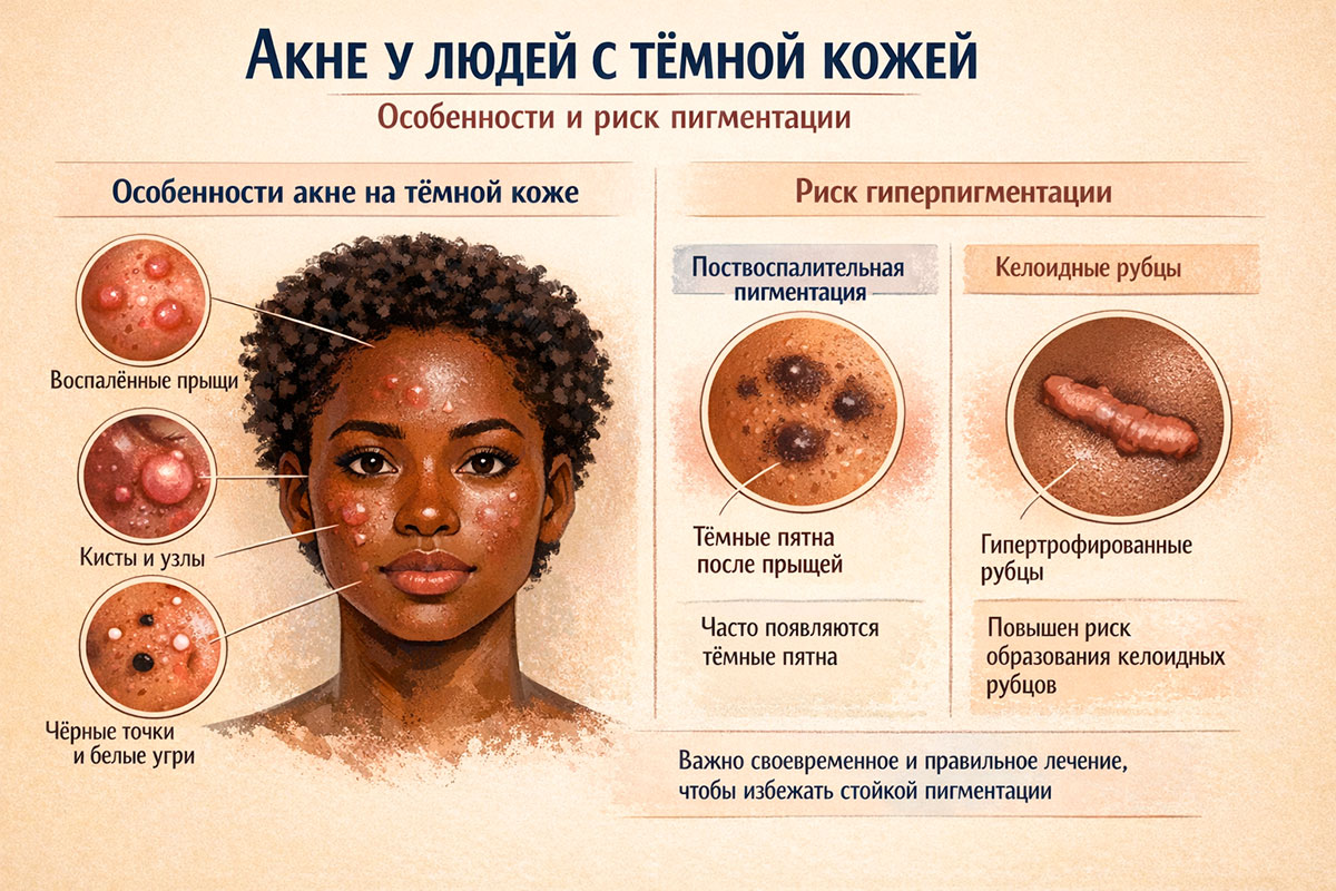 Особенности акне у людей с тёмной кожей и риск пигментации