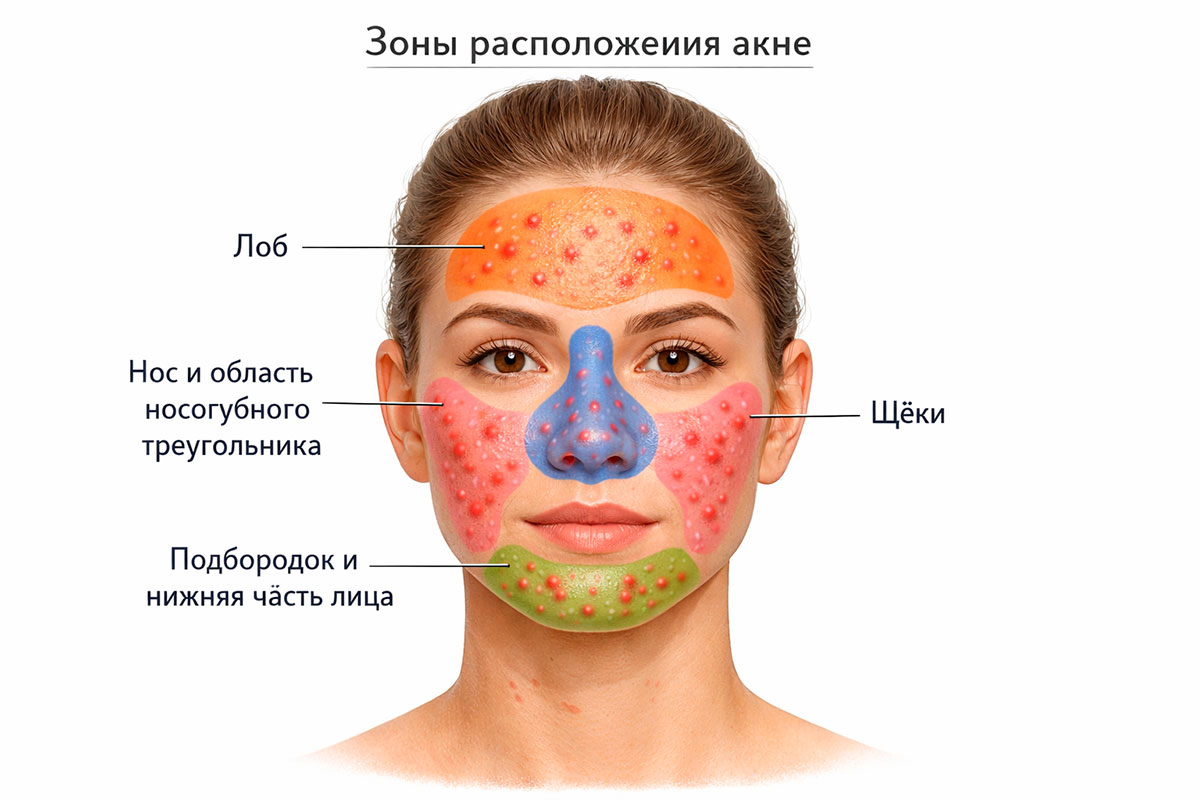 Распределение акне на разных зонах лица