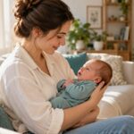 Мать бережно держит бодрствующего младенца на руках